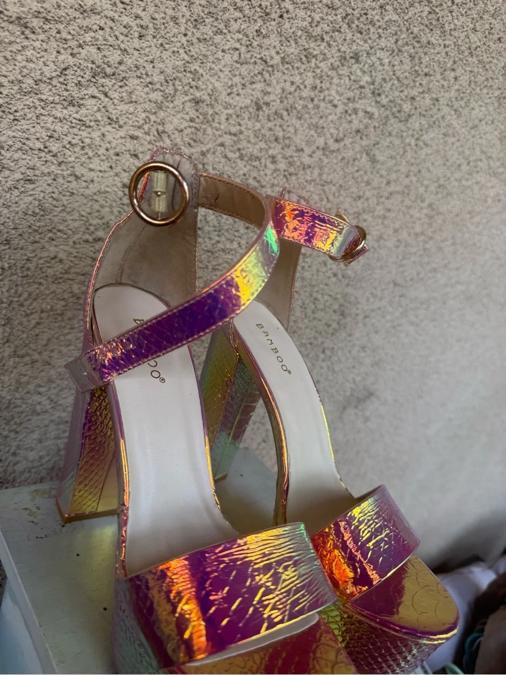 BAMBOO Iridescent Pink-Purple Platform Ankle Strap Sandals